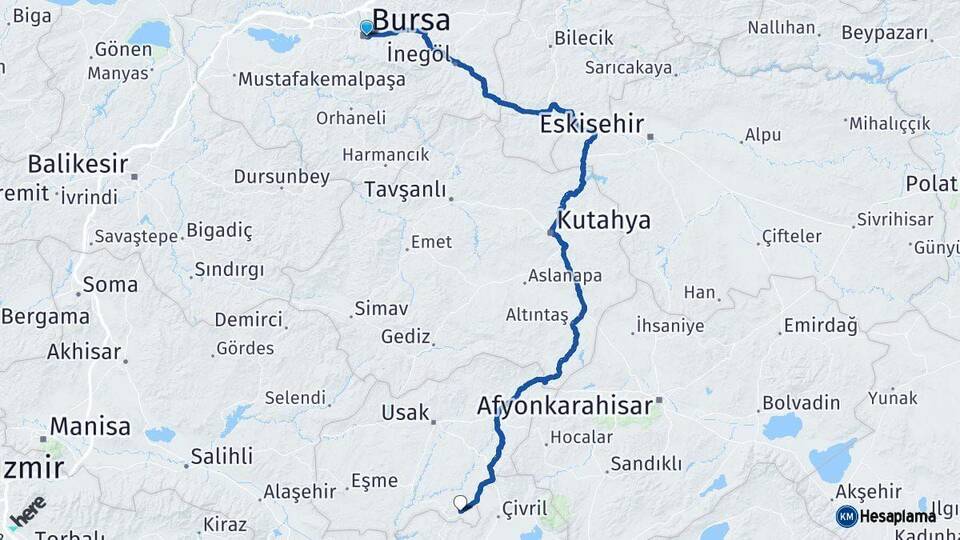 Bursa Karahallı Uşak Arası Kaç Km - Yol Haritası