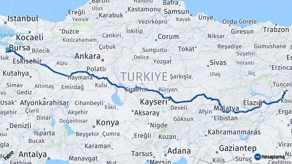 Bursa Karakoçan Elazığ Arası Kaç Km - Yol Haritası