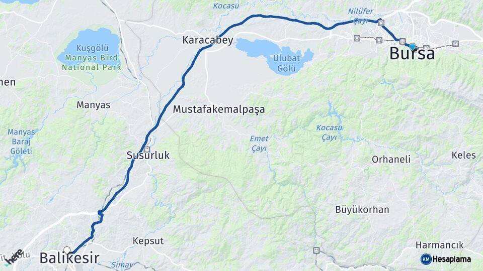 Bursa Karesi Balıkesir Arası Kaç Km - Yol Haritası