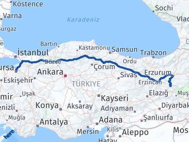 Bursa Karlıova Bingöl Arası Kaç Km - Yol Haritası