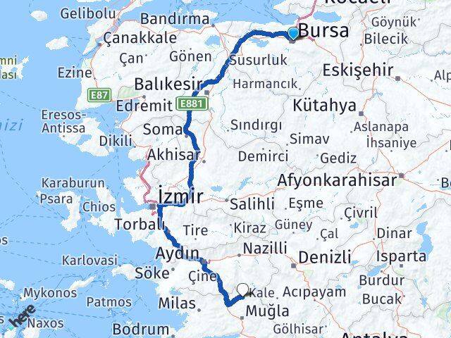 Bursa Kavaklıdere Muğla Arası Kaç Km - Yol Haritası