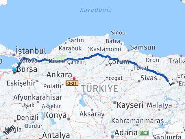 Bursa Kemah Erzincan Arası Kaç Km - Yol Haritası