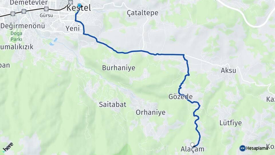 Bursa Kestel Alaçam Kestel Arası Kaç Km - Yol Haritası