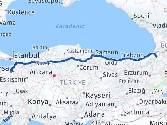 Bursa Kestel Artvin Arası Kaç Km - Yol Haritası