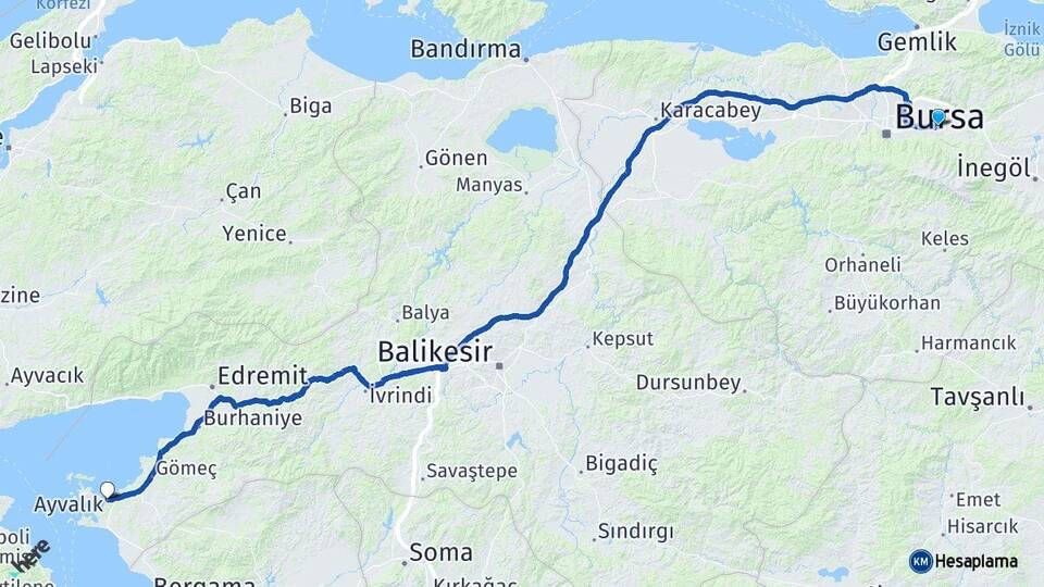 Bursa Kestel Ayvalık Balıkesir Arası Kaç Km - Yol Haritası
