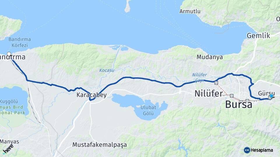 Bursa Kestel Bandırma Balıkesir Arası Kaç Km - Yol Haritası
