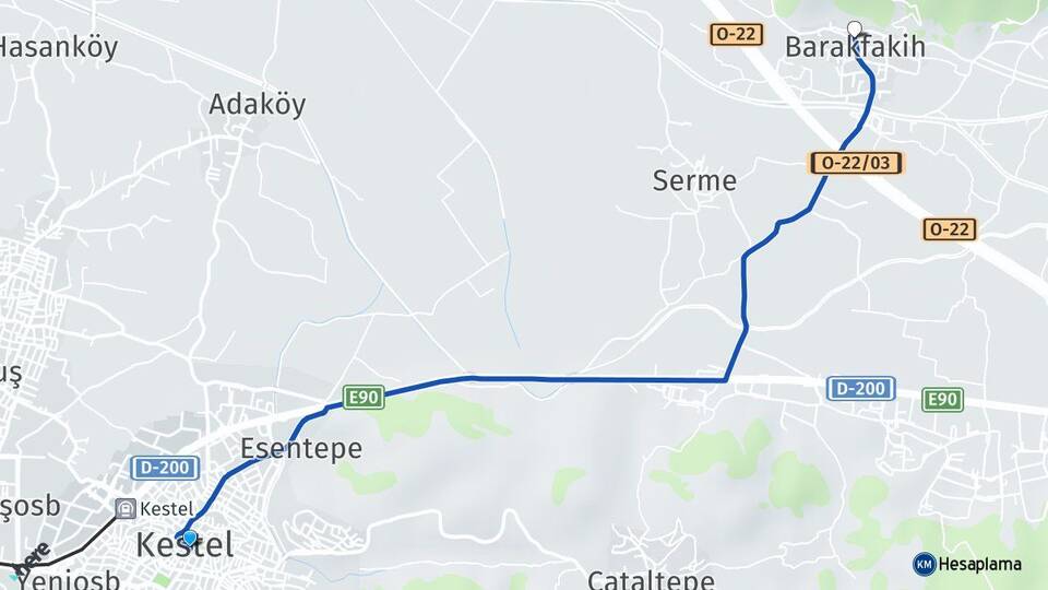 Bursa Kestel Barakfakih Kestel Arası Kaç Km - Yol Haritası