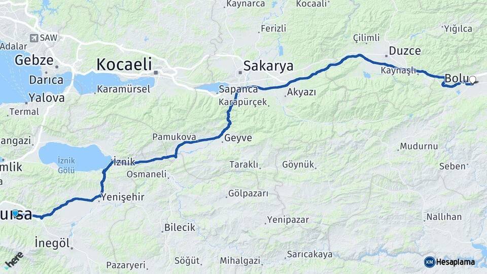 Bursa Kestel Bolu Arası Kaç Km - Yol Haritası
