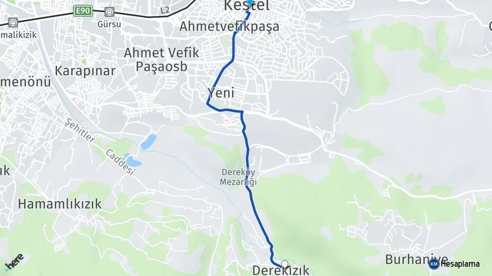 Bursa Kestel Derekızık Kestel Arası Kaç Km - Yol Haritası