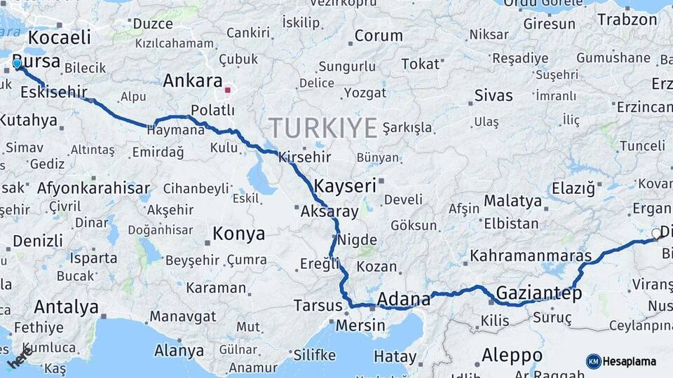 Bursa Kestel Diyarbakır Arası Kaç Km - Yol Haritası