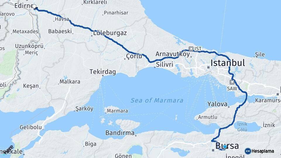Bursa Kestel Edirne Arası Kaç Km - Yol Haritası