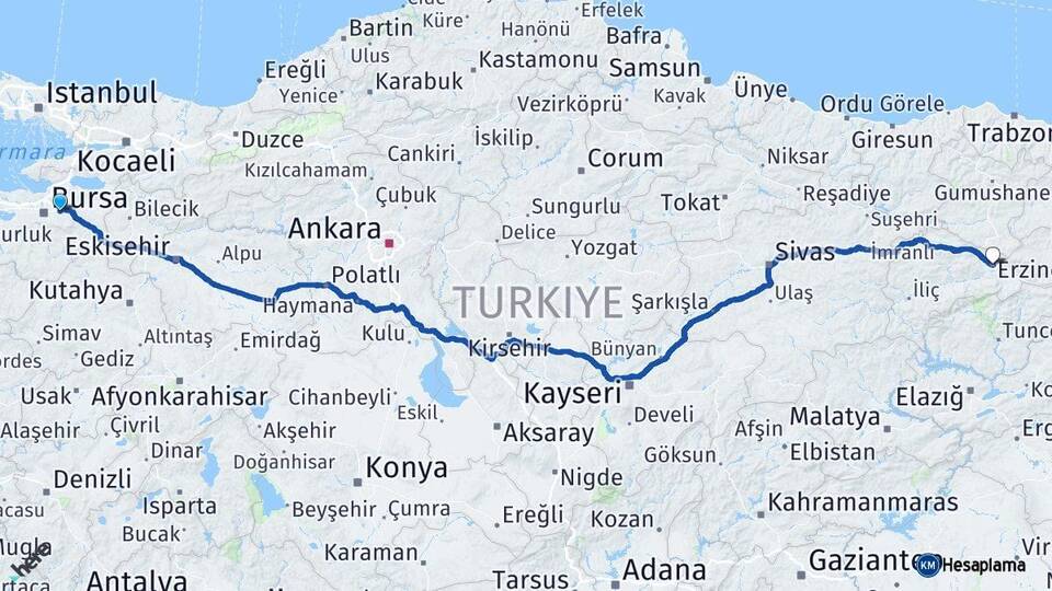 Bursa Kestel Erzincan Arası Kaç Km - Yol Haritası