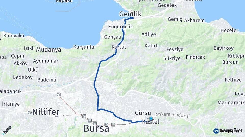 Bursa Kestel Gemlik Arası Kaç Km - Yol Haritası
