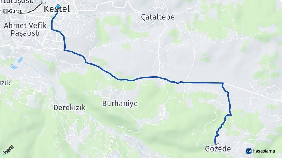 Bursa Kestel Gözede Kestel Arası Kaç Km - Yol Haritası