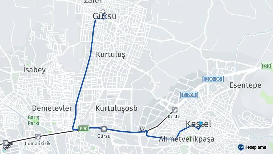 Bursa Kestel Gürsu Arası Kaç Km - Yol Haritası