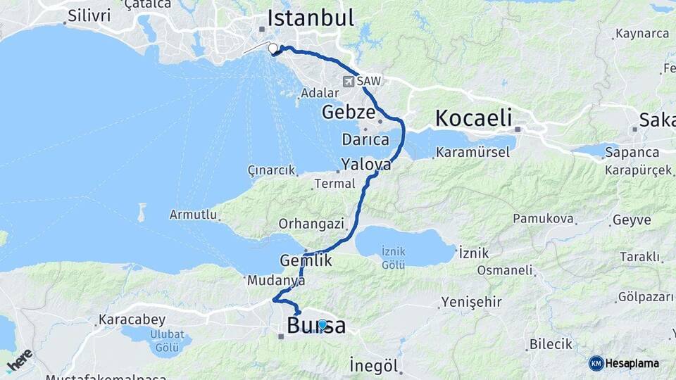 Bursa Kestel Kadıköy İstanbul Arası Kaç Km - Yol Haritası