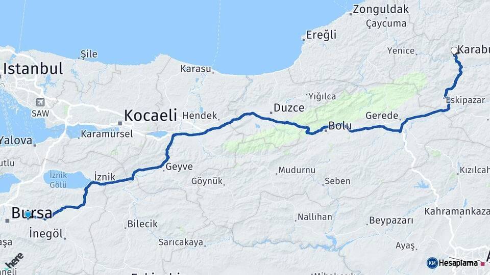 Bursa Kestel Karabük Arası Kaç Km - Yol Haritası