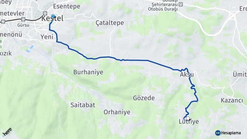 Bursa Kestel Lütfiye Kestel Arası Kaç Km - Yol Haritası