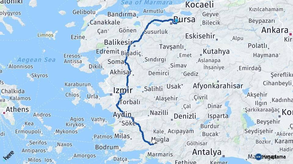 Bursa Kestel Muğla Arası Kaç Km - Yol Haritası