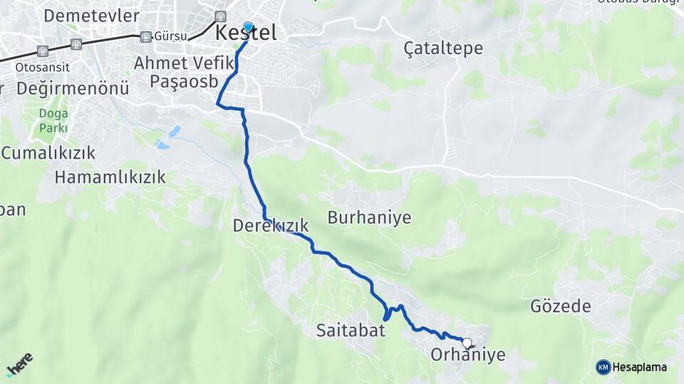 Bursa Kestel Orhaniye Kestel Arası Kaç Km - Yol Haritası
