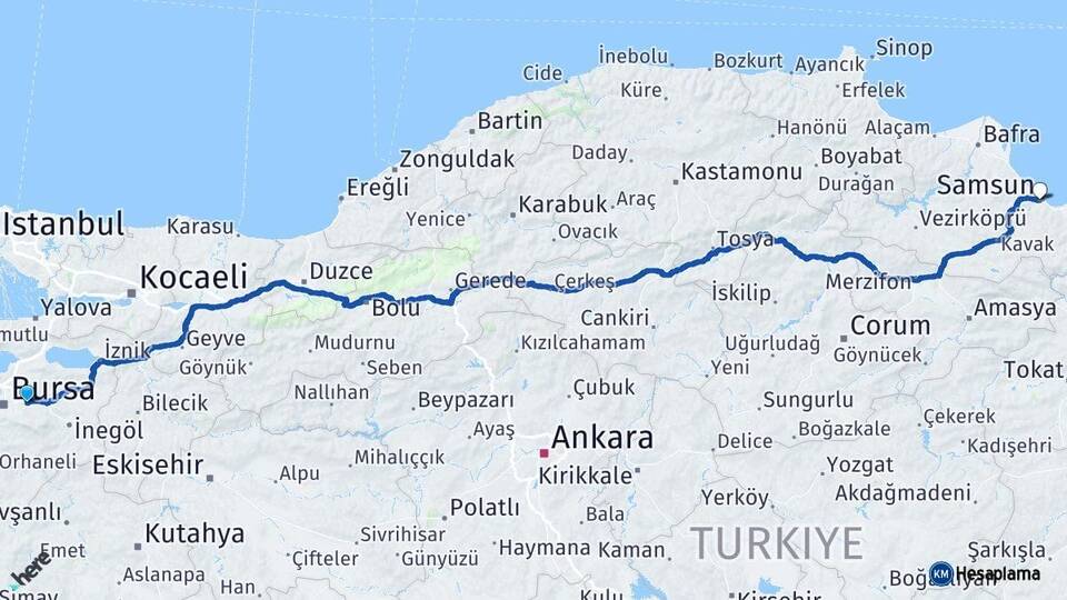 Bursa Kestel Samsun Arası Kaç Km - Yol Haritası
