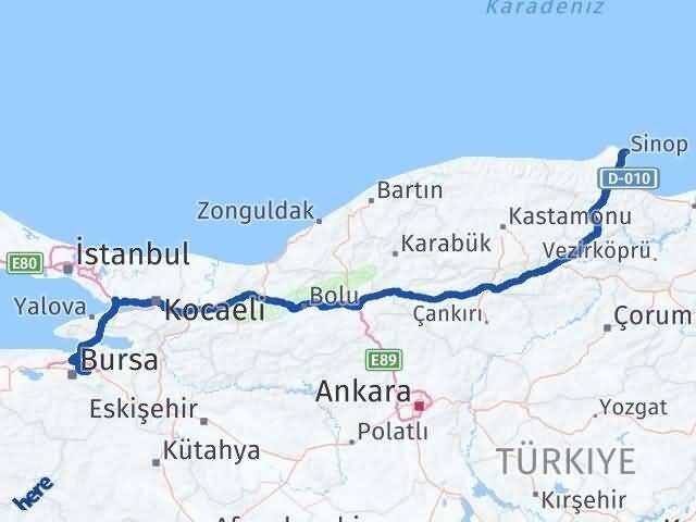 Bursa Kestel Sinop Arası Kaç Km - Yol Haritası