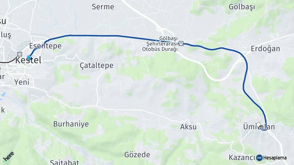 Bursa Kestel Ümitalan Kestel Arası Kaç Km - Yol Haritası
