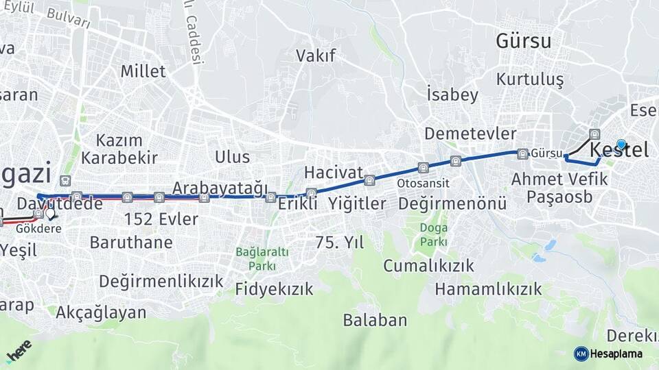 Bursa Kestel Yıldırım Arası Kaç Km - Yol Haritası
