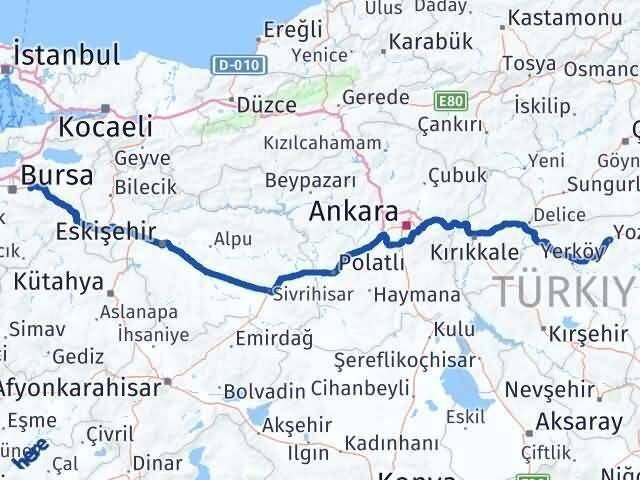 Bursa Kestel Yozgat Arası Kaç Km - Yol Haritası