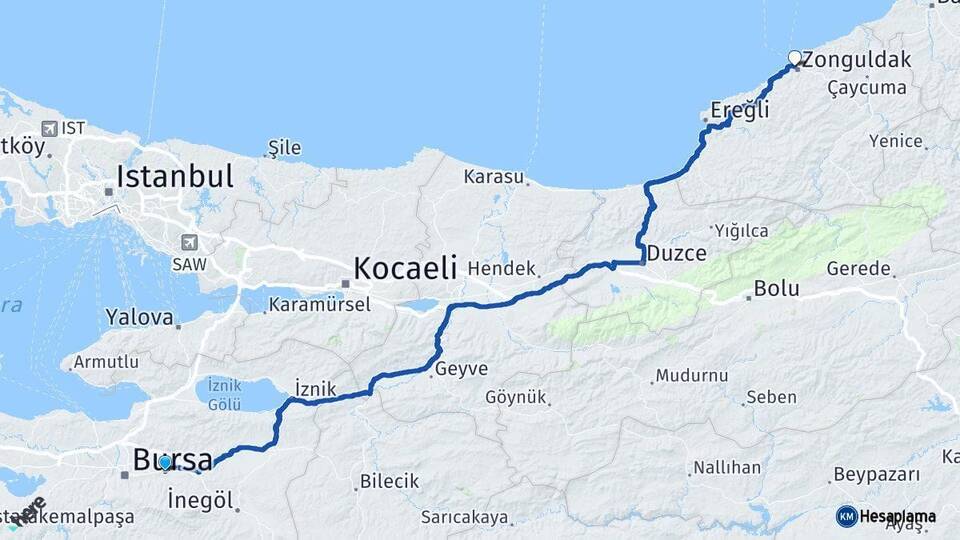 Bursa Kestel Zonguldak Arası Kaç Km - Yol Haritası