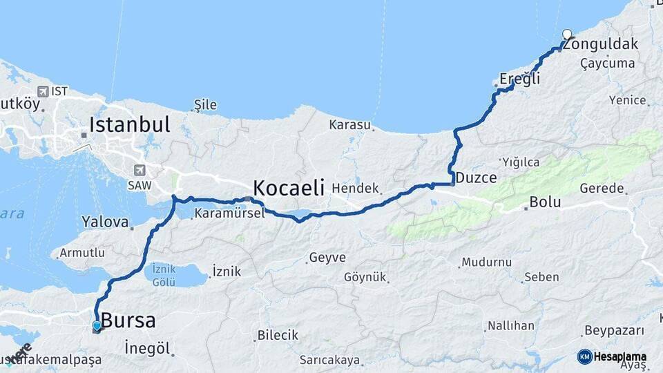 Bursa Kilimli Zonguldak Arası Kaç Km - Yol Haritası