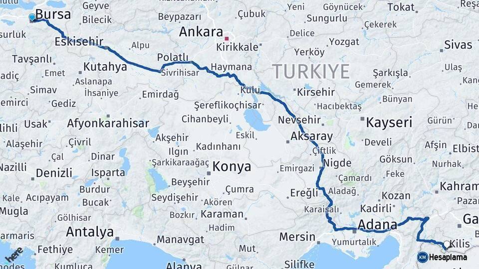 Bursa Kilis Arası Kaç Km - Yol Haritası