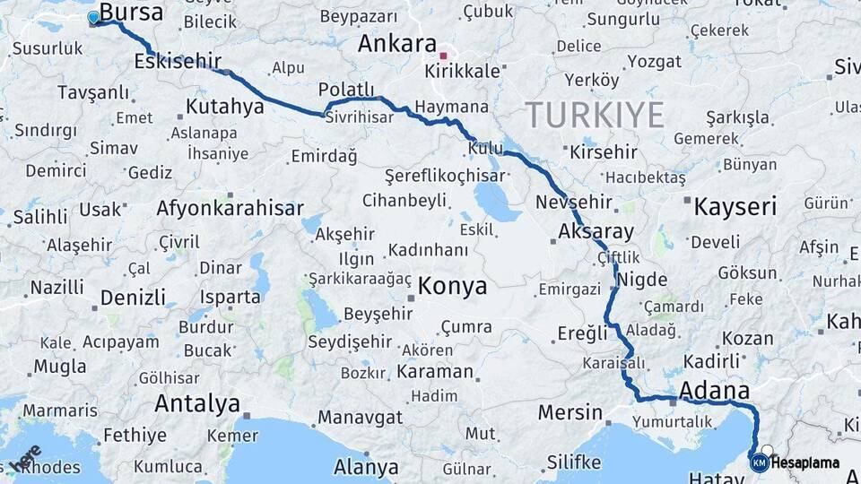Bursa Kırıkhan Hatay Arası Kaç Km - Yol Haritası