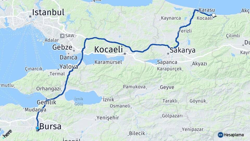 Bursa Kocaali Sakarya Arası Kaç Km - Yol Haritası