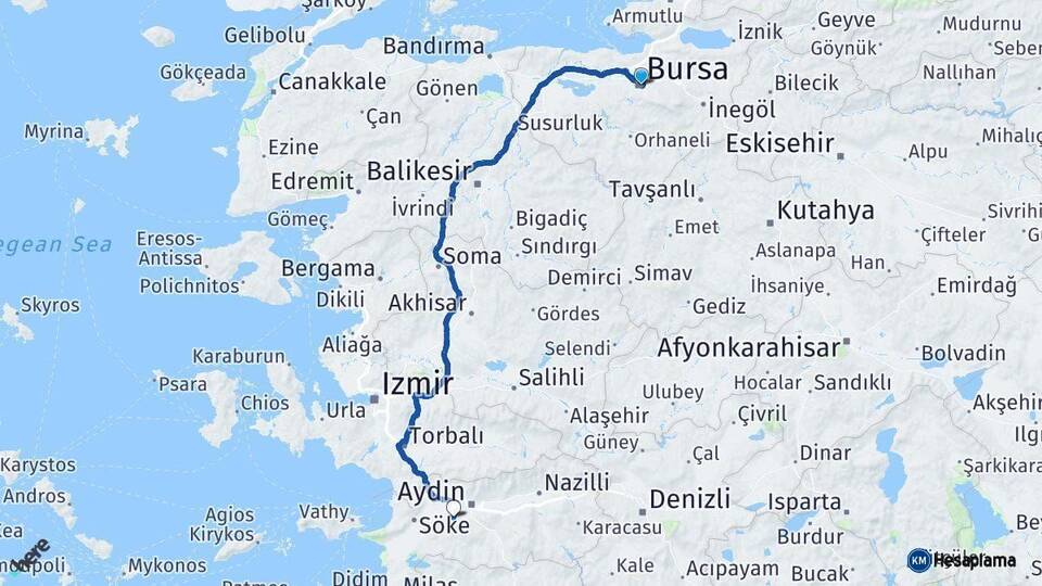 Bursa Koçarlı Aydın Arası Kaç Km - Yol Haritası