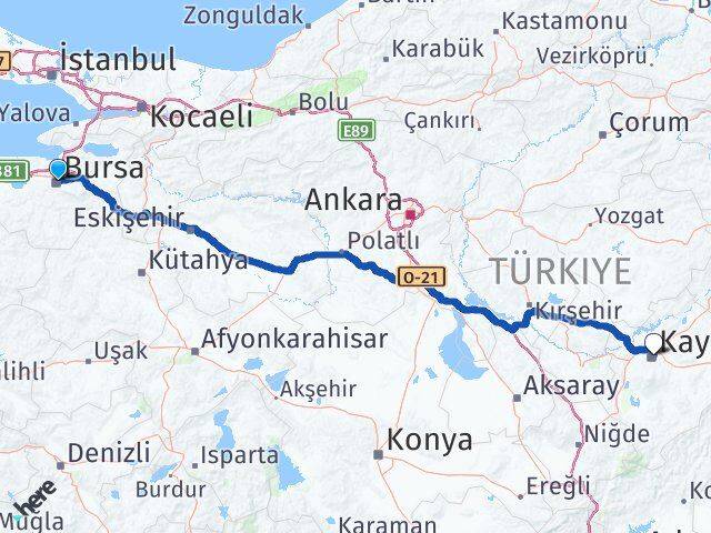 Bursa Kocasinan Kayseri Arası Kaç Km - Yol Haritası