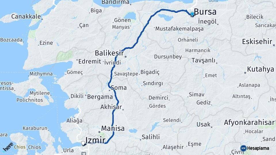 Bursa Konak İzmir Arası Kaç Km - Yol Haritası