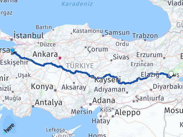Bursa Korkut Muş Arası Kaç Km - Yol Haritası