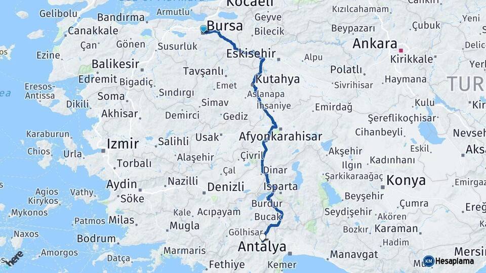 Bursa Korkuteli Antalya Arası Kaç Km - Yol Haritası