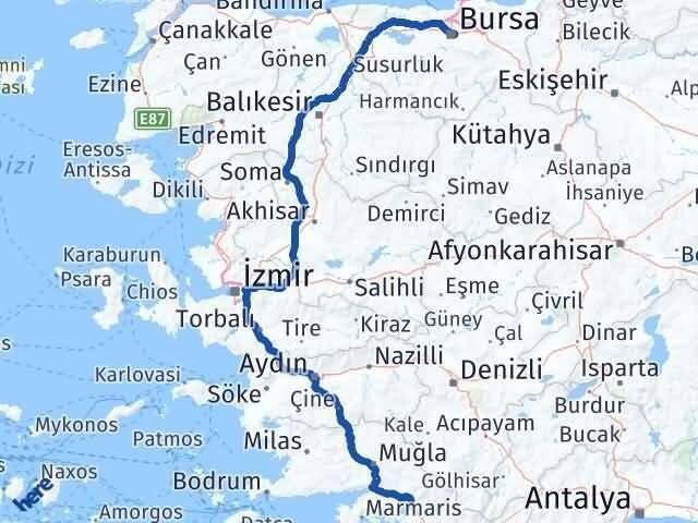 Bursa Köyceğiz Muğla Arası Kaç Km - Yol Haritası
