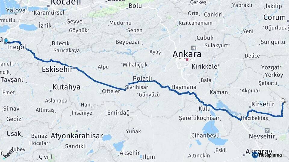 Bursa Kozaklı Nevşehir Arası Kaç Km - Yol Haritası