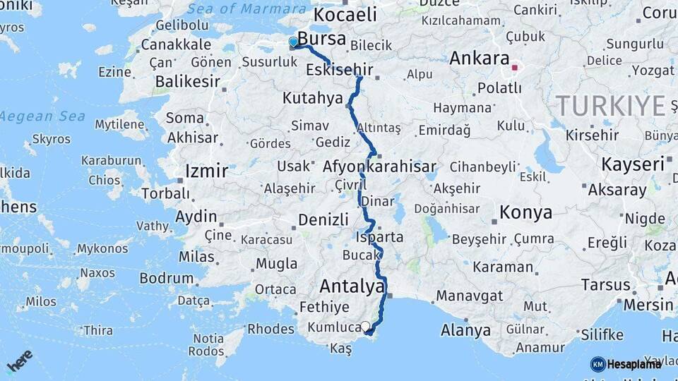 Bursa Kumluca Antalya Arası Kaç Km - Yol Haritası