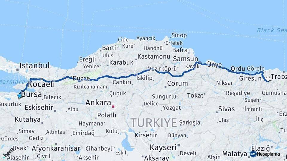Bursa Kürtün Gümüşhane Arası Kaç Km - Yol Haritası