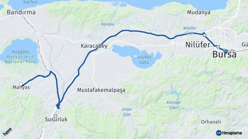 Bursa Manyas Balıkesir Arası Kaç Km - Yol Haritası