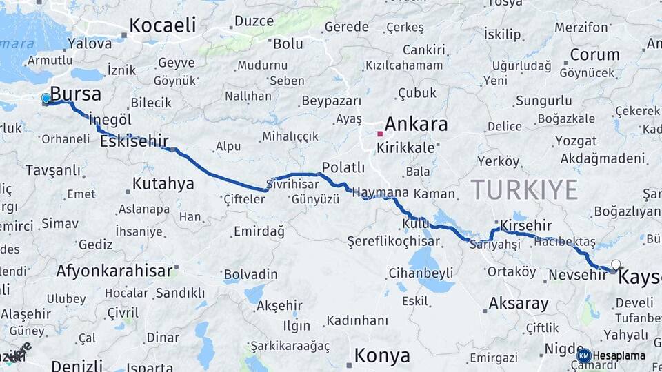 Bursa Melikgazi Kayseri Arası Kaç Km - Yol Haritası