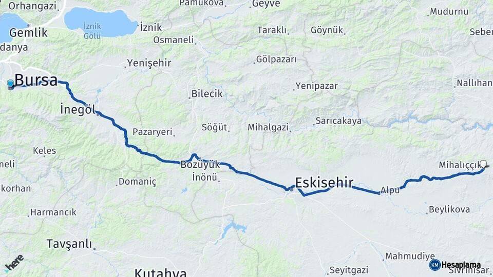 Bursa Mihalıççık Eskişehir Arası Kaç Km - Yol Haritası