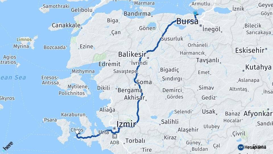 Bursa Mudanya Çeşme İzmir Arası Kaç Km - Yol Haritası