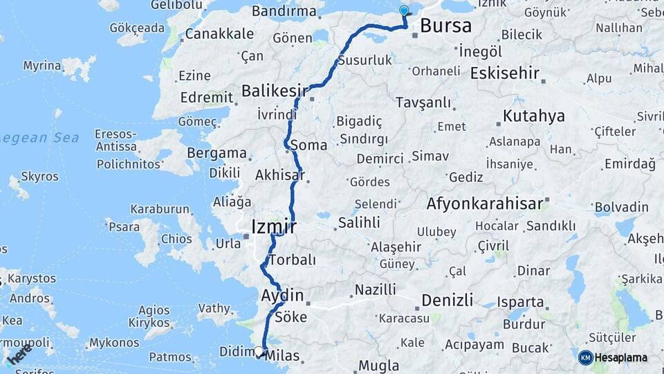 Bursa Mudanya Didim Aydın Arası Kaç Km - Yol Haritası