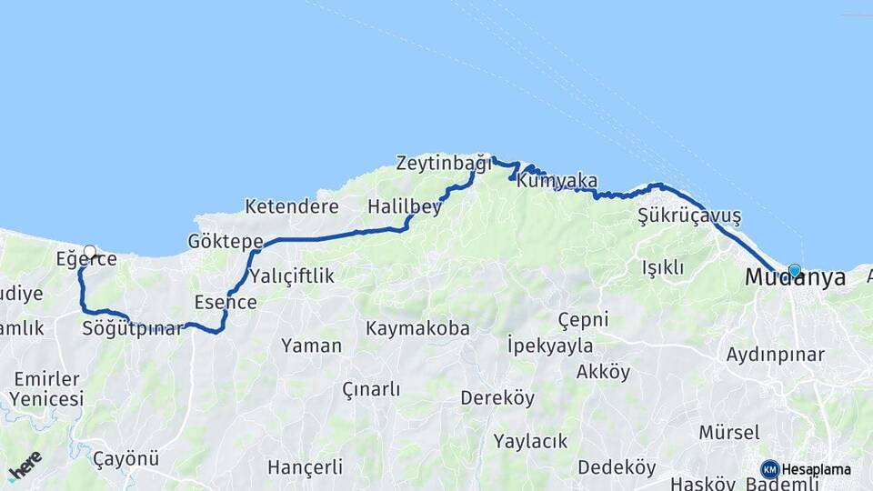 Bursa Mudanya Eğerce Mudanya Arası Kaç Km - Yol Haritası