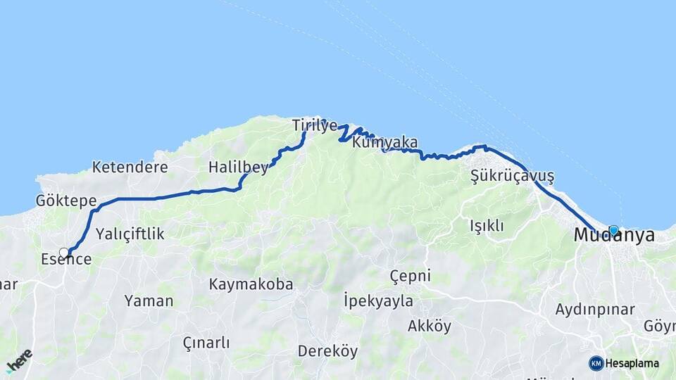 Bursa Mudanya Esence Mudanya Arası Kaç Km - Yol Haritası